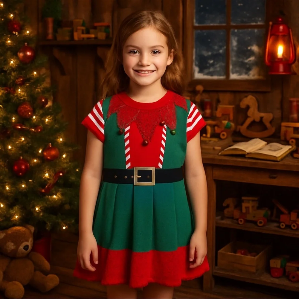 Girls Holiday Time Ugly Christmas Sweater Dress L 12-14 Red Green Elf Style